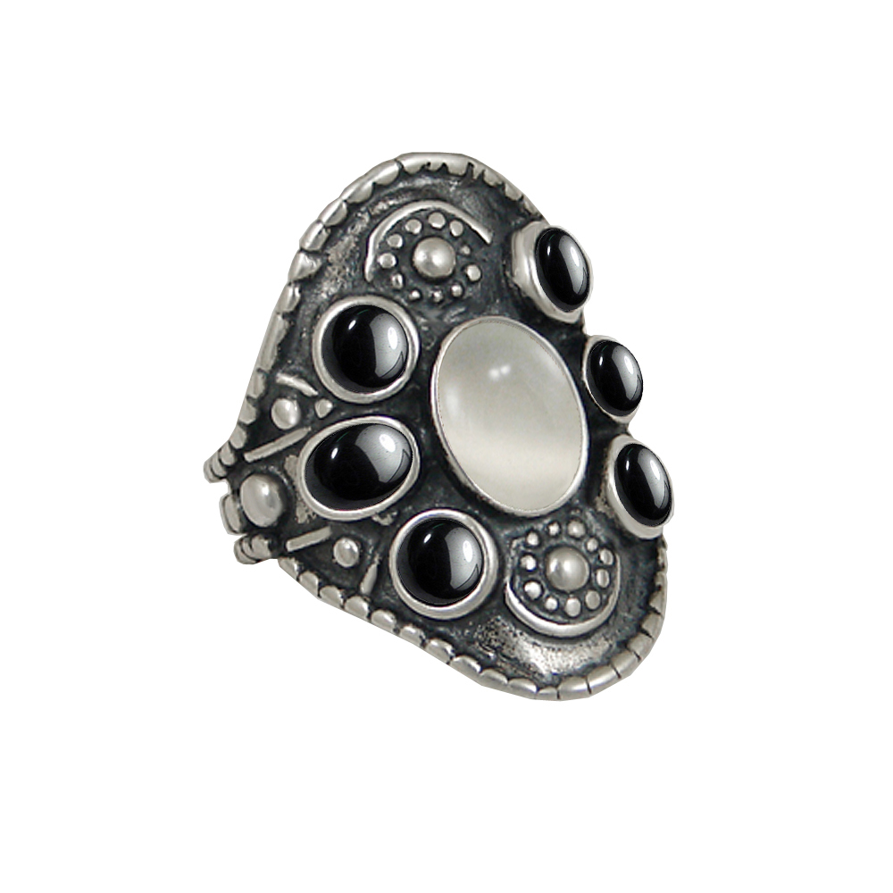 Sterling Silver High Queen's Ring With White Moonstone And Hematite Size 10